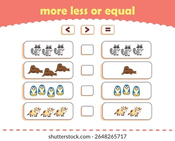 More, less or equal. Count the amount of cute wild animals. Educational math game for kids. Vector Illustration