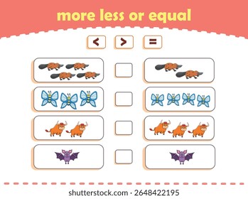 More, less or equal. Count the amount of cute wild animals. Educational math game for kids. Vector Illustration
