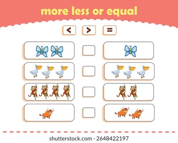 More, less or equal. Count the amount of cute wild animals. Educational math game for kids. Vector Illustration