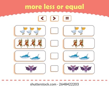 More, less or equal. Count the amount of cute wild animals. Educational math game for kids. Vector Illustration