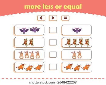 More, less or equal. Count the amount of cute wild animals. Educational math game for kids. Vector Illustration