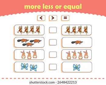 More, less or equal. Count the amount of cute wild animals. Educational math game for kids. Vector Illustration