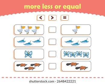 More, less or equal. Count the amount of cute wild animals. Educational math game for kids. Vector Illustration