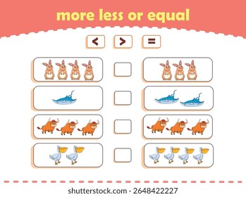More, less or equal. Count the amount of cute wild animals. Educational math game for kids. Vector Illustration