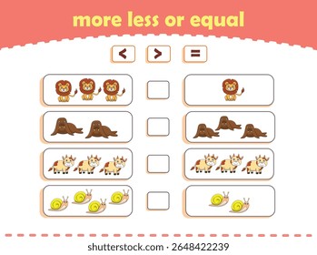 More, less or equal. Count the amount of cute wild animals. Educational math game for kids. Vector Illustration
