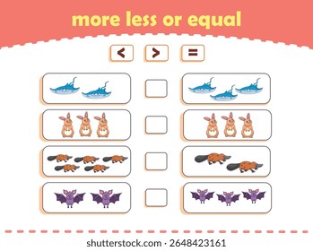 More, less or equal. Count the amount of cute wild animals. Educational math game for kids. Vector Illustration