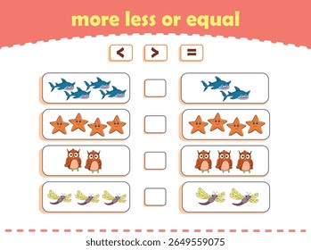 More, less or equal. Count the amount of cute wild animals. Educational math game for kids. Vector Illustration