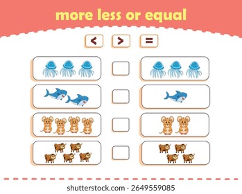 More, less or equal. Count the amount of cute wild animals. Educational math game for kids. Vector Illustration