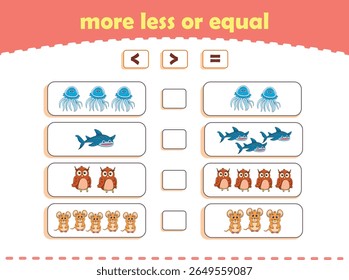More, less or equal. Count the amount of cute wild animals. Educational math game for kids. Vector Illustration