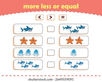 More, less or equal. Count the amount of cute wild animals. Educational math game for kids. Vector Illustration
