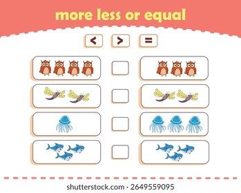 More, less or equal. Count the amount of cute wild animals. Educational math game for kids. Vector Illustration