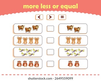 More, less or equal. Count the amount of cute wild animals. Educational math game for kids. Vector Illustration