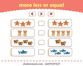 More, less or equal. Count the amount of cute wild animals. Educational math game for kids. Vector Illustration