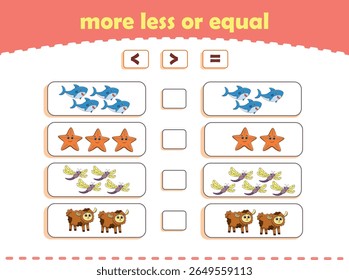 More, less or equal. Count the amount of cute wild animals. Educational math game for kids. Vector Illustration