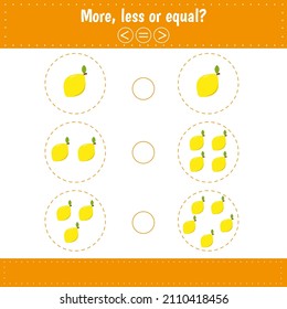 More, less or equal. Count and compare the number of lemons.