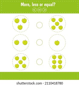 More, less or equal. Count and compare the number of appples.