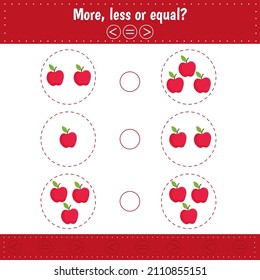 More, less or equal. Count and compare the number of apples.