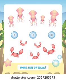 More, less or equal. Count the number. Сrab, turtle, marine life collection.