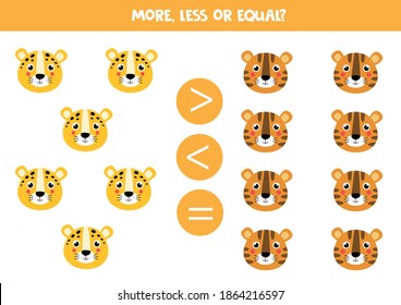 Más, menos, igual a los lindos rostros animales del leopardo y el tigre. Juego de matemáticas.