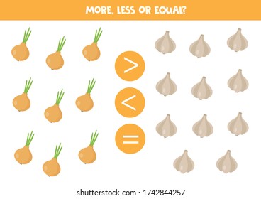 More, less or equal with cute cartoon onions and garlics. Math game for kids. Educational worksheet. Printable page for children.