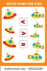 More, less or equal with cute cartoon submarines and UFOs. Math game for preschool kids. Educational worksheet for children. Activity book for kindergarten. Learning to count and to compare.