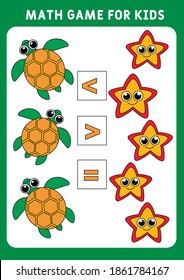 More, less or equal with cute cartoon sea turtle and starfish. Math game for preschool kids. Educational worksheet for children. Activity book for kindergarten. Learning to count and to compare.
