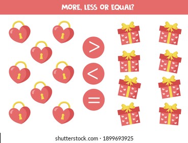 Más, menos, igual a la tira cómica de ciénaga cardíaca valentina y presente. Juego de matemáticas para niños.