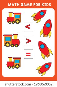 Más, menos o igual con la tierna locomotora de vapor y cohete de dibujos animados. Juego de matemáticas para niños de preescolar. Hoja de trabajo educativa para niños. Libro de actividades para el jardín de infancia. Aprender a contar y a comparar.