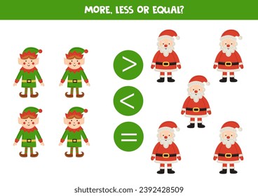 More, less or equal with cute cartoon Santa Clauses and elves. Comparison game for children.