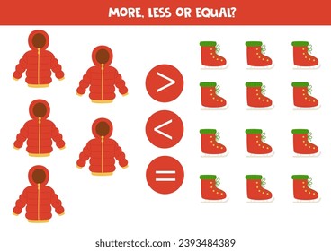 More, less or equal with cute cartoon winter jackets and ice skates. Comparison game for children.