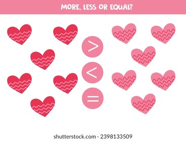 More, less or equal with cute cartoon valentine day hearts. Comparison game for children.