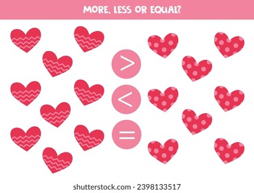 More, less or equal with cute cartoon valentine day hearts. Comparison game for children.