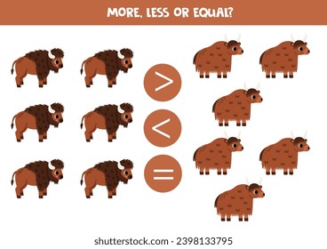 More, less or equal with cute cartoon yaks and American bisons. Comparison game for children.