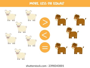 More, less or equal with cute cartoon bulls and rams. Comparison game for children.
