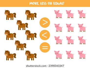 More, less or equal with cute cartoon horses and pigs. Comparison game for children.