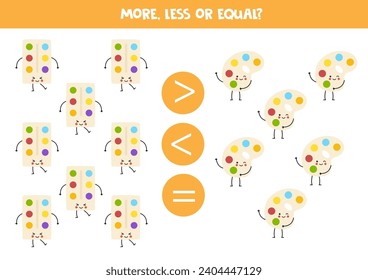 More, less or equal with cute cartoon school supplies. Comparison game for children.