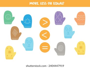 More, less or equal with cute cartoon colorful mittens. Comparison game for children.