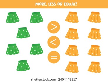 More, less or equal with cute cartoon colorful skirts. Comparison game for children.