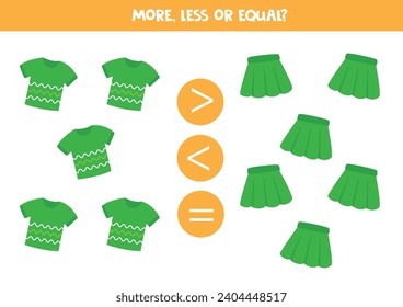 More, less or equal with cute cartoon green shirt and green skirt. Comparison game for children.