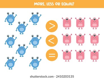 More, less or equal with cute cartoon monsters. Comparison game for children.