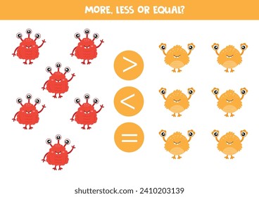 More, less or equal with cute cartoon monsters. Comparison game for children.