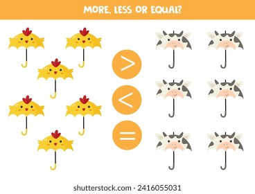 More, less or equal with cute cartoon umbrellas. Comparison game for children.