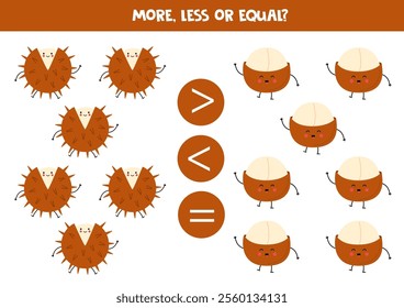 More, less, equal with cute cartoon nuts. Peanuts and cashews. Math game for kids.