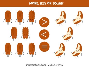 More, less, equal with cute cartoon nuts. Peanuts and cashews. Math game for kids.