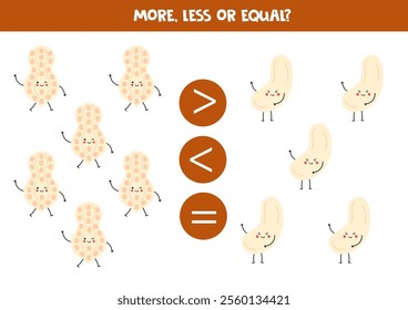 More, less, equal with cute cartoon nuts. Peanuts and cashews. Math game for kids.