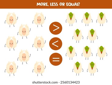 More, less, equal with cute cartoon nuts. Peanuts and cashews. Math game for kids.