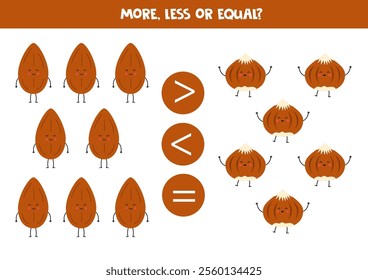 More, less, equal with cute cartoon nuts. Peanuts and cashews. Math game for kids.