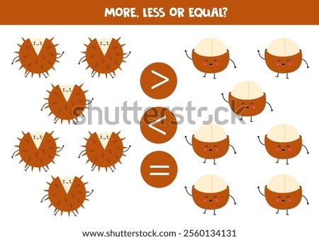 More, less, equal with cute cartoon nuts. Peanuts and cashews. Math game for kids.