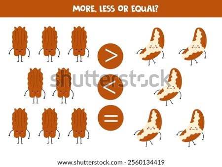 More, less, equal with cute cartoon nuts. Peanuts and cashews. Math game for kids.