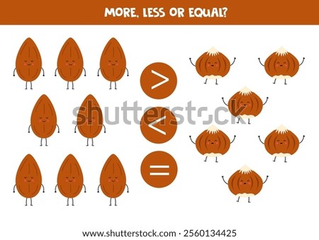 More, less, equal with cute cartoon nuts. Peanuts and cashews. Math game for kids.